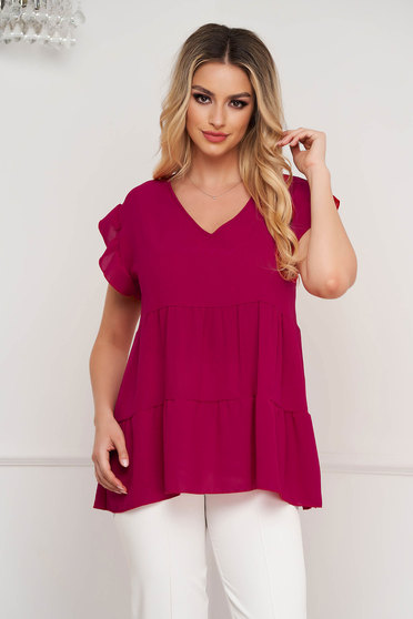Short sleeves blouses, Raspberry women`s blouse loose fit georgette with ruffle details - StarShinerS.com