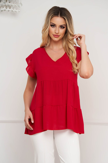 Short sleeves blouses, Lightred women`s blouse loose fit georgette with ruffle details - StarShinerS.com