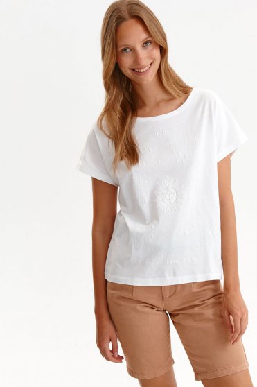 Blouses & Shirts, White t-shirt loose fit cotton casual embroidered - StarShinerS.com