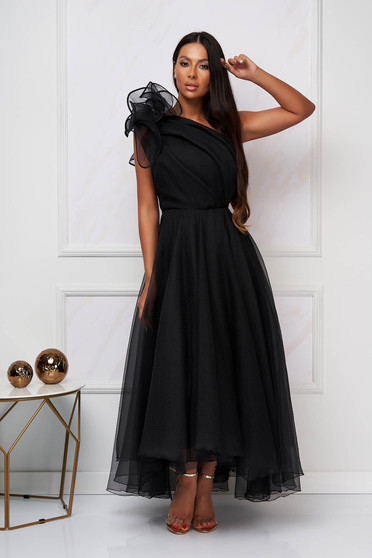 Luxus ruhák, Fekete alkalmi fodros harang ruha fodros váll kiegészítővel - StarShiner.hu