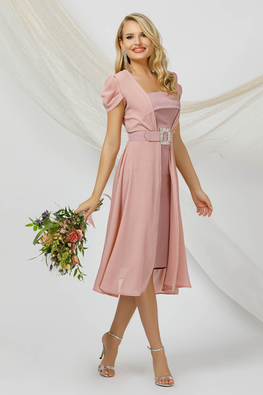 Compleuri Dama, Compleu elegant PrettyGirl roz prafuit cu rochie si suprapunere cu voal - StarShinerS.ro