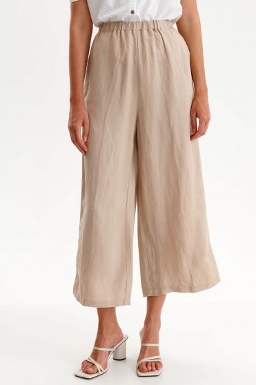 Pantaloni Dama gri lungi, Pantaloni din in crem cu un croi evazat si elastic in talie - Top Secret - StarShinerS.ro