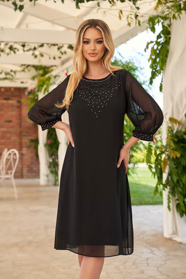 Black dress occasional midi straight from veil fabric with pearls with glitter details
