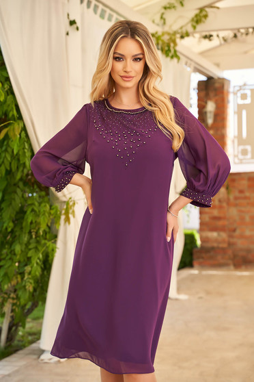 Purple dress occasional midi straight from veil fabric with pearls with glitter details