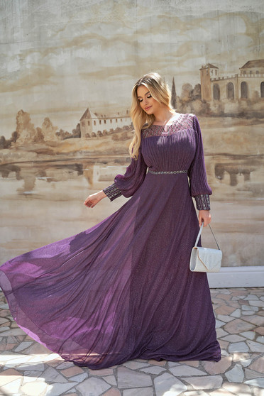 Purple dress occasional long cloche georgette with glitter details with crystal embellished details