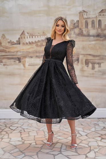 Black dresses, Black dress occasional midi cloche from tulle with glitter details - StarShinerS.com