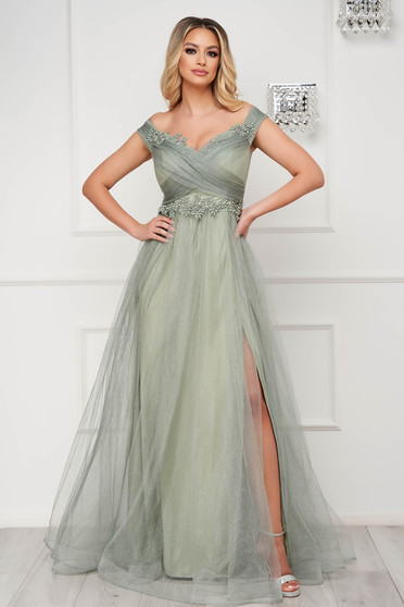 Green dress occasional long cloche from tulle with glitter details slit