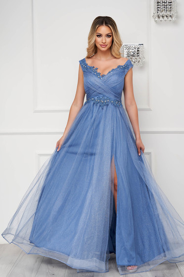 Blue dress occasional long cloche from tulle with glitter details slit