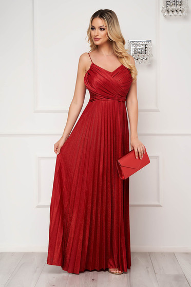 Red dress occasional long cloche pleated with glitter details