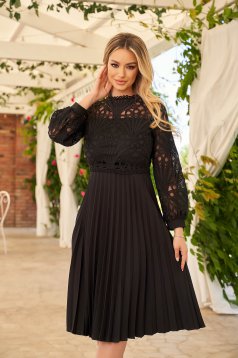 Black dress elegant midi cloche elastic cloth pleated laced