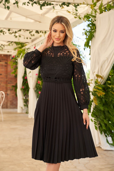 Lace dresses, Black dress elegant midi cloche elastic cloth pleated laced - StarShinerS.com