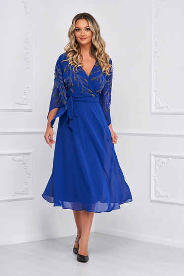Blue dress elegant midi cloche from veil fabric with pearls strass