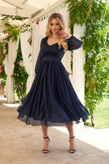 Darkblue dress occasional midi cloche from tulle with glitter details