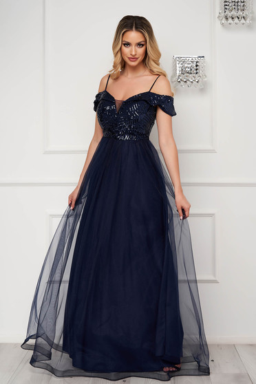 Godmother dresses, Dark blue dress long cloche from tulle with sequins - StarShinerS.com