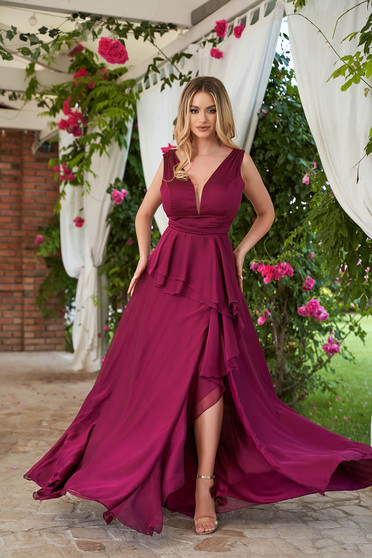 Raspberry dress occasional long cloche from veil fabric slit with ruffle details