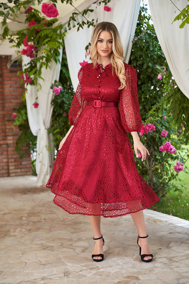 Burgundy dress elegant midi cloche accessorized with belt laced with button accessories