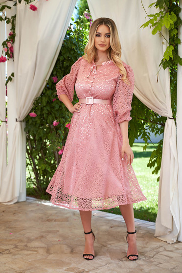 Online Dresses, Pink dress elegant midi cloche accessorized with belt laced with button accessories - StarShinerS.com