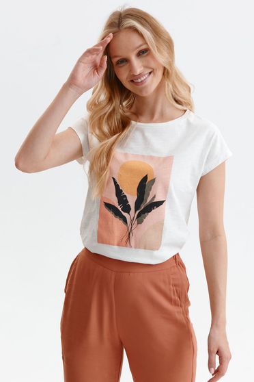 Casual T-shirts, White t-shirt loose fit cotton with floral print - StarShinerS.com