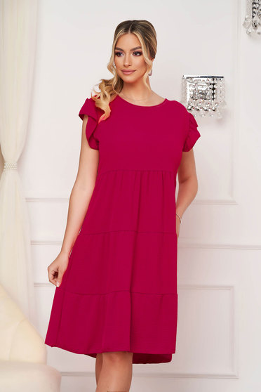 Loose dresses, Fuchsia dress thin fabric midi loose fit with ruffle details - StarShinerS.com