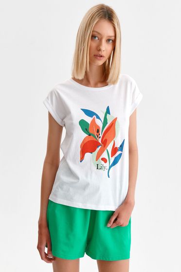 Cotton T-shirts, White t-shirt casual loose fit cotton with floral print - StarShinerS.com
