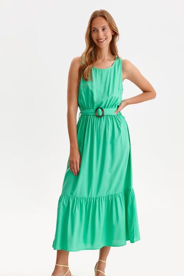 Green dress casual midi cloche with elastic waist thin fabric accessorized with belt