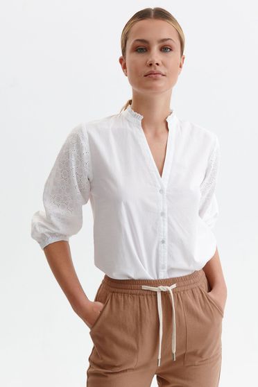 White women`s shirt cotton loose fit with puffed sleeves
