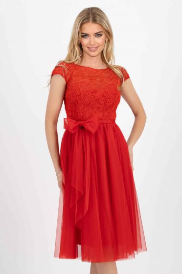 Online Dresses, Red Midi Tulip Dress with Raised Tulip Flowers - StarShinerS - StarShinerS.com