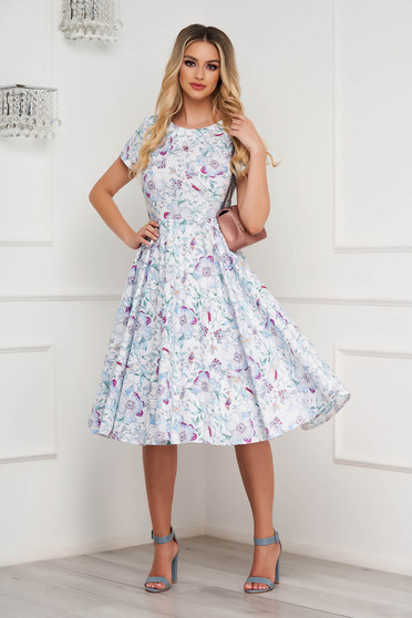 Cotton dresses, Dress midi cloche poplin with floral print lateral pockets - StarShinerS.com