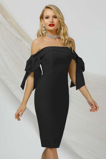 Elegant dresses, Black dress pencil thin fabric occasional naked shoulders with bow accessories - StarShinerS.com