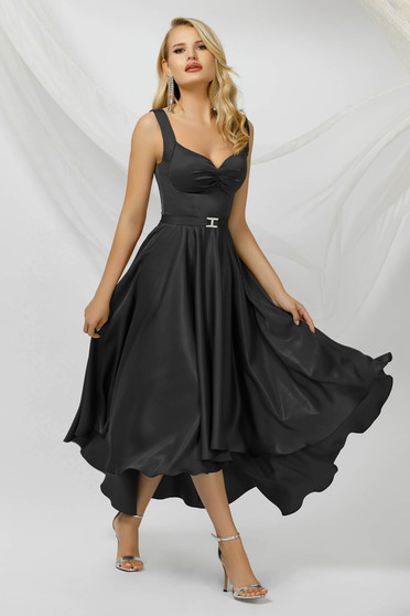 Alkalmi ruhák, Fekete aszimetrikus harang ruha szaténból csillogó díszítésekkel - StarShiner.hu