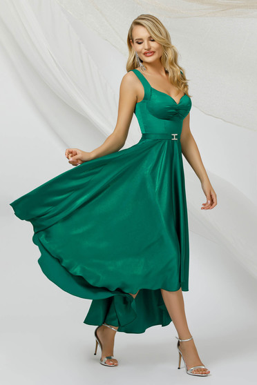 Zöld ruhák, Zöld aszimetrikus harang ruha szaténból csillogó díszítésekkel - StarShiner.hu