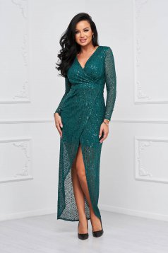 Darkgreen dress long pencil with sequins wrap over front - StarShinerS