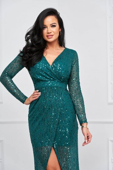 New Year`s Eve Dresses, Darkgreen dress long pencil with sequins wrap over front - StarShinerS - StarShinerS.com
