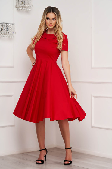 Red dress midi cloche lateral pockets with large collar cotton