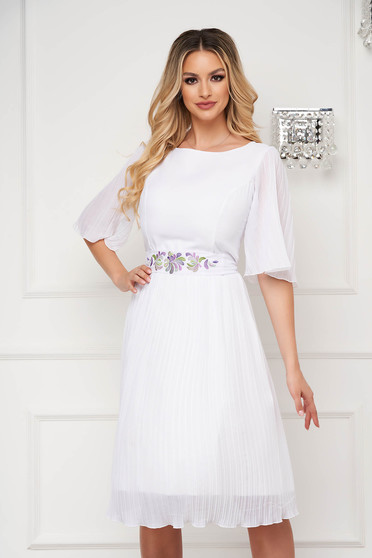 Online Dresses, - StarShinerS ivory embroidered dress from veil fabric pleated accessorized with tied waistband cloche midi - StarShinerS.com
