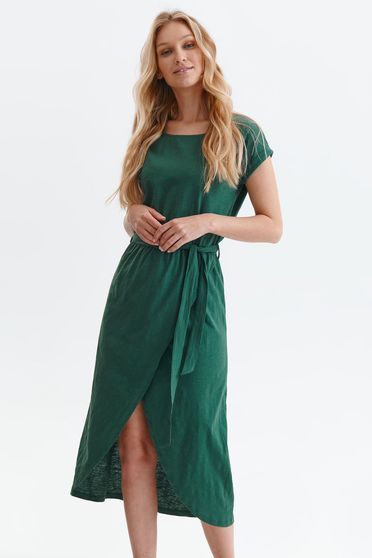 Green dress thin fabric asymmetrical midi accessorized with tied waistband
