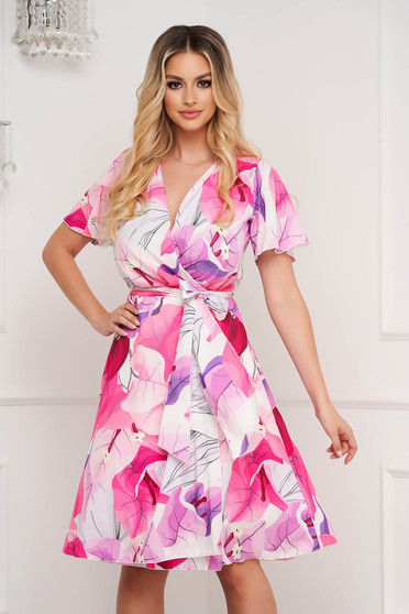 Rózsaszín ruhák, StarShinerS midi virágmintás átlapolt harang ruha vékony anyagból - StarShiner.hu