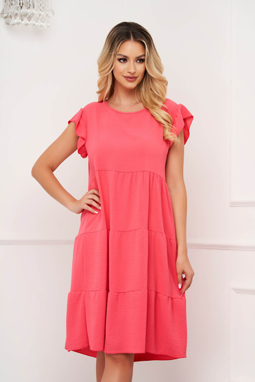 Coral dresses, Coral dress thin fabric midi loose fit with ruffle details - StarShinerS.com