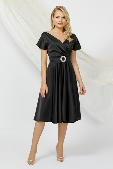 Online Dresses, Black cloche wrap over front dress midi taffeta - StarShinerS.com