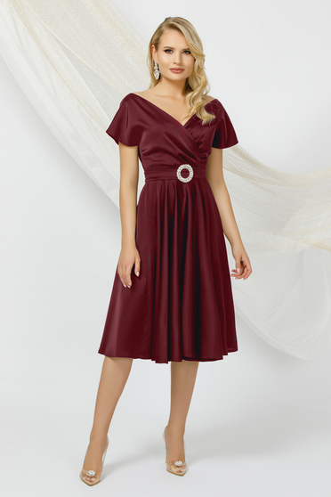 Burgundy dresses, Burgundy cloche wrap over front dress midi taffeta - StarShinerS.com