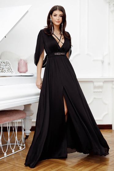 Bareback dresses, Black dress from veil fabric wrinkled texture long cloche slit - StarShinerS.com