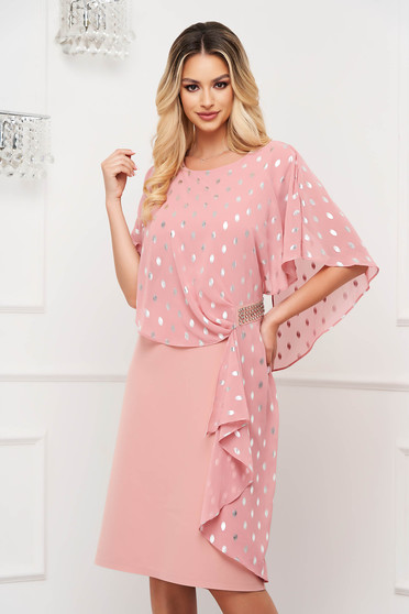 Rochii elegante, marimea 8XL, Rochie din stofa elastica si suprapunere cu voal roz prafuit midi cu un croi drept - StarShinerS.ro