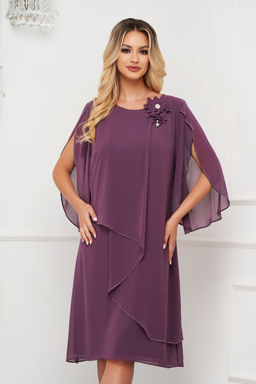 Lila ruhák, Világos lila midi bő szabású muszlin ruha bross kiegészítővel - StarShiner.hu