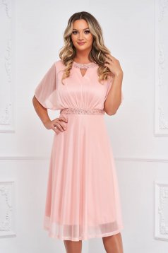 Peach dress from veil fabric with glitter details midi cloche with pearls