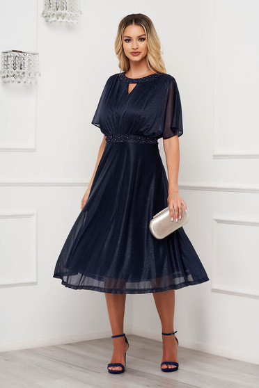 Darkblue dress from veil fabric with glitter details midi cloche with pearls