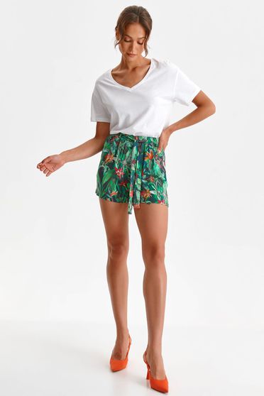 High waisted shorts, Green short thin fabric loose fit high waisted with floral print - StarShinerS.com