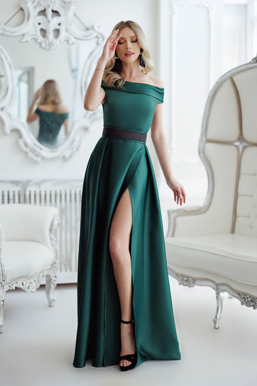 Long dresses, Green dress long cloche slit naked shoulders taffeta - StarShinerS.com