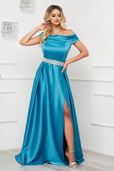 Gowns, Turquoise dress long cloche slit naked shoulders taffeta - StarShinerS.com