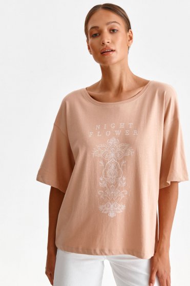 Női Pólók, Barackvirágszínű póló pamutból készült bő szabású absztrakt mintával - StarShiner.hu