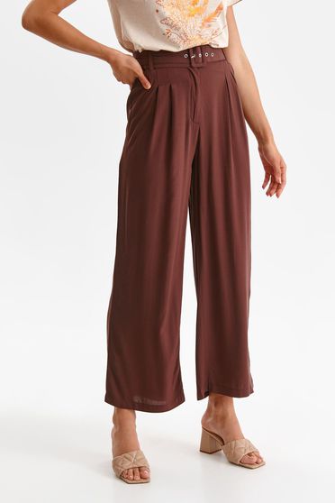 Brown trousers thin fabric flared high waisted accessorized with belt